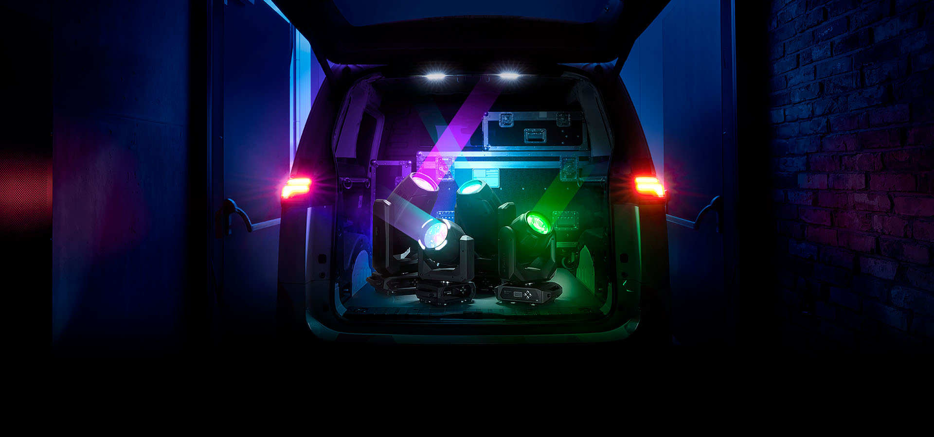 A selection of compact Azor lights and flight cases fit in the back of a van! 